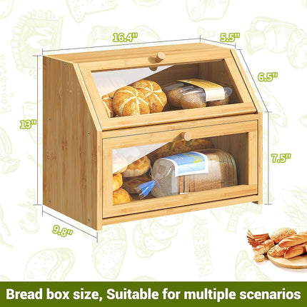 BMOSU Farmhouse Bread Box for Kitchen Countertop Bread box Double Layer Bamboo Wooden Extra Large Capacity Bin Kitchen Food Storage Container(Natural)