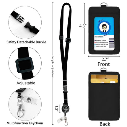 bolimoss Black Leather Badge Holder with Retractable Reel, Quick Release Buckle and Safety Adjustable Breakaway Lanyards with Swivel Metal Clasp Lanyard for Teacher Students Offices Staff Nurse