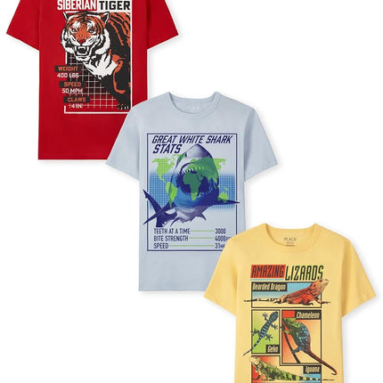 Lot de 3 t-shirts à manches courtes pour garçons The Children's Place, Tigre de Sibérie/Grand requin blanc/Incroyable lézard, Taille XL