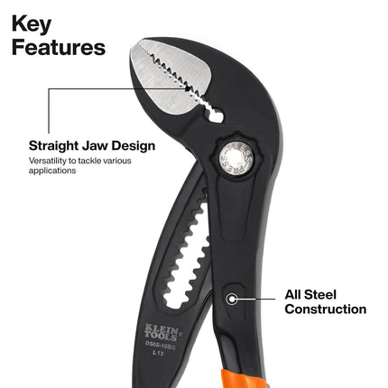 Klein Tools D50510BS 10 Inch Straight Pump Pliers, Adjustable Pliers, Durable Hand Tool with Serrated Teeth