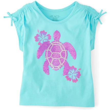 The Children's Place Girls' Cinch Shoulder Graphic Shirt, Teal Turtle, X-Small