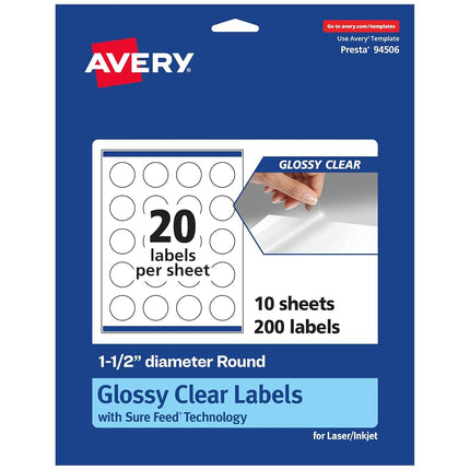 Avery Glossy Clear Round Labels with Sure Feed, 1.5" Diameter, 200 Glossy Clear Labels (36535)