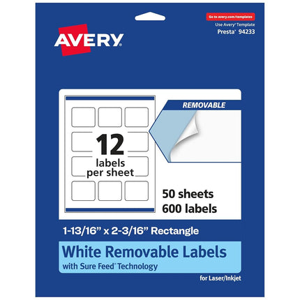 Avery Matte White Removable Rectangle Labels with Sure Feed Technology, Print-to-The-Edge, 1-13/16" x 2-3/16", 600 Removable Labels, Laser/Inkjet Printable Labels