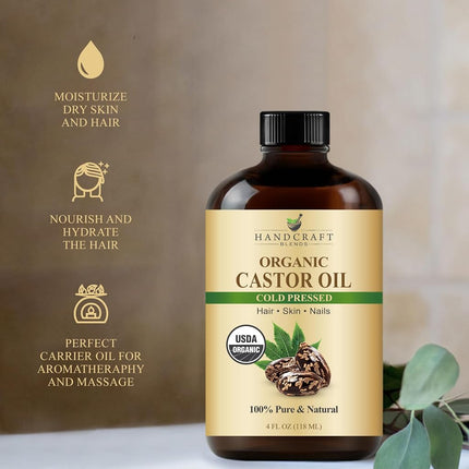 Handcraft Blends Cold-Pressed Organic Castor Oil in Glass Bottle with Lash Brushes - 118 ml - 100% Pure and Natural - Nourishing Bath & Body Oil for Skin, Hair & Nails, Eyelashes and Eyebrows