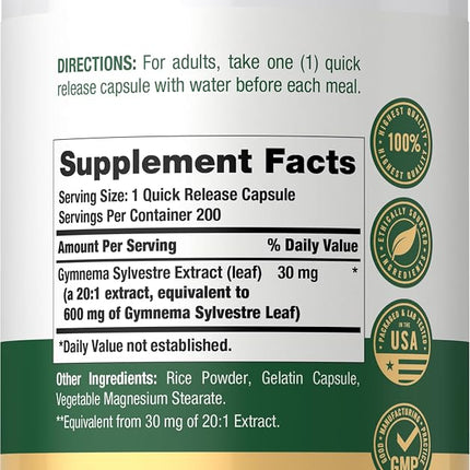 Gymnema Sylvestre Leaf Extract 600 mg | 200 Capsules | Non-GMO and Gluten Free | by Carlyle