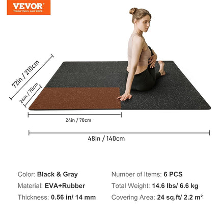 VEVOR 6 PCS 14mm Thick Gym Floor Mats, 61 x 61 cm EVA Foam & Rubber Top Interlocking Workout Floor Mats with 24 sq.ft Coverage, Waterproof Exercise Puzzle Flooring for Gym, Home, Garage, Basement
