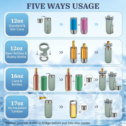 MAXSO Sealed Can Cooler Fizz Lid Can Cover for 12 oz Regular, Slim Skinny Cans & As Thermal Bottle (Sage Green, 5-in-1)