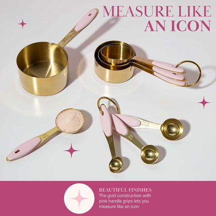Paris Hilton Measuring Cups and Spoons Set, Stainless Steel with Pink Silicone Inset Handle, Dishwasher Safe, for Dry and Liquid Ingredients, 8-Piece Set, Gold and Pink