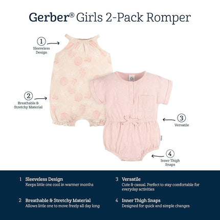 Gerber Baby Girls Sleeveless and Short Sleeve Romper Set, Shells, 24 Months