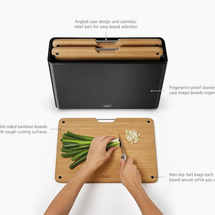 Joseph Joseph Folio 3-piece Premium Bamboo Wood Chopping Board Set, Slimline Stainless Steel Case for Organised Kitchen Storage