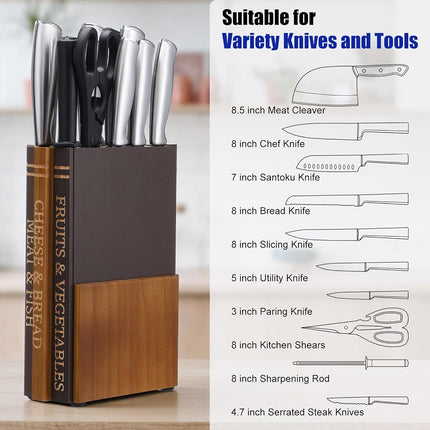 Yalikop Books Universal Knife Block Holder for Kitchen Countertop Large Wood Knife Block Without Knives 12 Slot Decorative Storage Organizer for Butcher Chef Gift