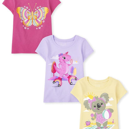 The Children's Place T-shirts graphiques à manches courtes pour bébés filles et petites filles, paquet de 3, papillon/dinosaure/koala, paquet de 3, 18-24 mois