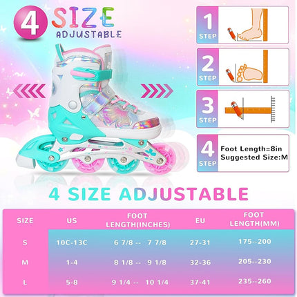 Kids Inline Skates for Girls Boys - Teal Blades Roller for Kids Age 4 5 6 7- Adjustable All Light up Wheels Indoor Outdoor Sports