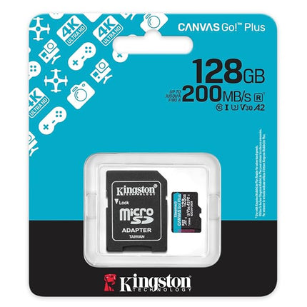 Kingston Canvas Go Plus microSDXC Memory Card Gen4 200MB/s A2 U3 V30 128GB Card + Adapter-SDCG4/128GB