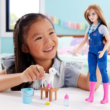 Barbie 65th Anniversary Doll & 10 Accessories, Farm Veterinarian Set with Blonde Vet Doll, Lamb with Moving Ears & More, HRG42