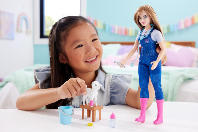 Barbie 65th Anniversary Doll & 10 Accessories, Farm Veterinarian Set with Blonde Vet Doll, Lamb with Moving Ears & More, HRG42