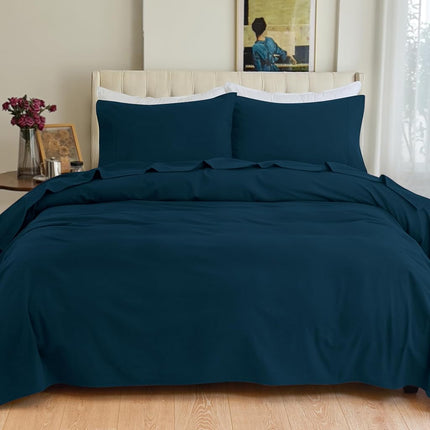Elegant Comfort Soft 4-Piece 100% Turkish Cotton Flannel Sheet Set - Premium Quality, Deep Pocket Fitted Sheet, Ultra Soft, Cozy Warm and Anti-Pill Flannel Sheets - Queen, Navy