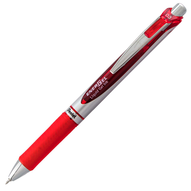 Stylo-roller encre gel liquide rétractable Pentel EnerGel RTX, pointe aiguille (0,3 mm), trait extra fin, encre rouge, lot de 2 (BLN73BP2B)