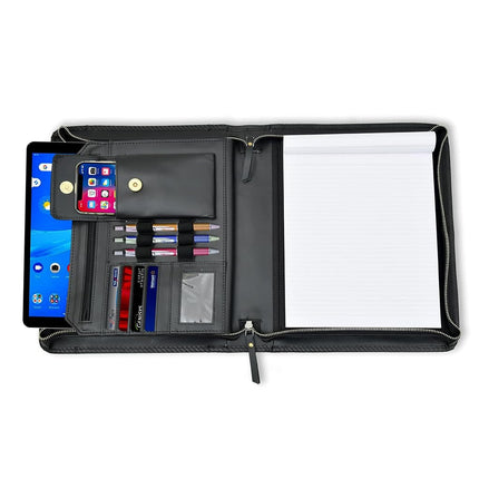 Leather Business Portfolio Padfolio Document Organizer with Writing Pad Resume Professional Interview Zipper Writing Notepad Folder for Men Women (Black)