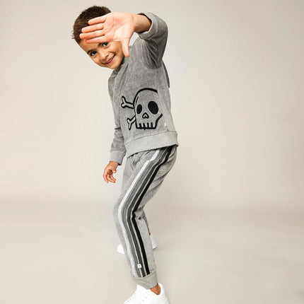 HonestBaby Ensemble sweat à capuche en velours à enfiler et sweat-shirt zippé et pantalon de jogging pour bébé, tout-petit, garçons, filles, unisexe, rayure tête de mort gris chiné, 6 ans, rayure tête de mort gris chiné, 6 ans