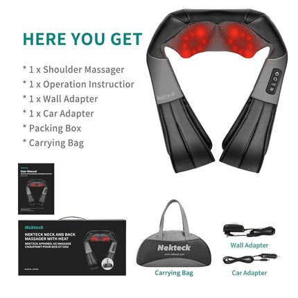 Nekteck Shiatsu Neck Massager with Heat for Pain Relief Deep Tissue, 2026 Upgraded 3D Back Shoulder Kneading Massage Pillow with Storage Bag, Body Relaxation Gifts for Men Women(NOT Cordless)
