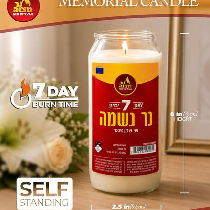 Ner Mitzvah 7 Day Yartzeit Candle - Kosher Yahrtzeit Memorial and Yom Kippur Candle in Plastic Holder