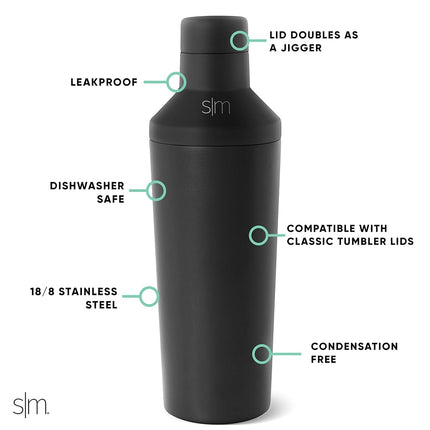 Simple Modern Insulated Cocktail Shaker with Jigger Lid | 20oz, Black