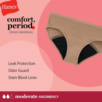 Hanes Girl's Comfort, Period. Boyshort & Hipster Period Underwear, Moderate Protection, Multi-Pack, Hipster - Black/Grey/Tan - 6 Pack, 8