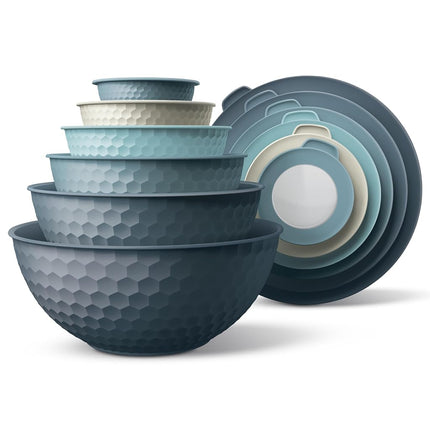 Cook with Color Mixing Bowls with Lids - 12 Piece Plastic Nesting Bowls Set Includes 6 Prep Bowls and 6 Lids, Non Slip Bottom and Embossed Design - Microwave Safe (Blue)
