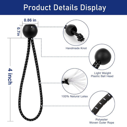 Bungee Cords with Balls 50 PCS- Ball Bungee Cords 4 Inch Heavy Duty Elastic Cord Ball Bungee Canopy Tie Downs Tarp Bungee with Balls for Camping, Shelter,Cargo,Tent Poles UV Resistant