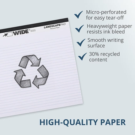 ROARING SPRING Wide Landscape Legal Pad, White, 12 Pads, 11" x 9.5", College-Ruled with Margin, 20 lb Recycled Paper, 40 Perforated Sheets, Made in USA