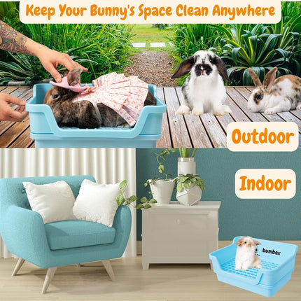 Bumbox Rabbit Large Litter Box w/Plastic Grid Safe for Bunny feet - Training Rabbit Cage Indoor or Outdoor for Small and Large Animal, 15.75in - Blue