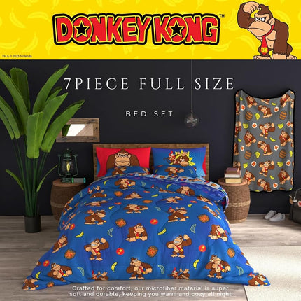 Franco Collectibles Nintendo Donkey Kong Gaming Bedding 7 Piece Super Soft Reversible Comforter and Sheet Set with Sham, Full, (Officially Licensed Product)
