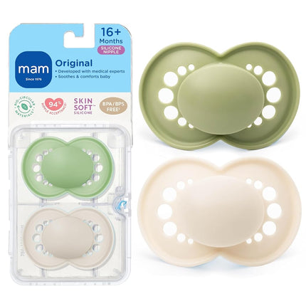 Chupete para bebé MAM Original Matte, la forma de la tetina ayuda a promover un desarrollo oral saludable, estuche esterilizador, paquete de 2, más de 16 meses, unisex