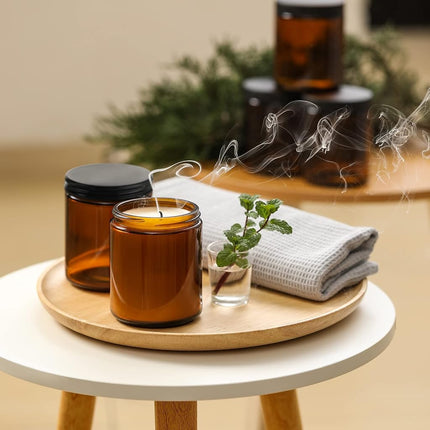24 Pack 8oz Amber Glass Jars with Black Lids - For Candle Making, Food Storage, Canning, Spices, Liquids - Leakproof & Dishwasher Safe