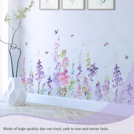VePret Purple Flowers Wall Decals Peel and Stick, Large Hanging Floral Leaf Vinyl Wall Stickers, Removable Vine Home Decor Art for Bedroom Living Room Classroom Office