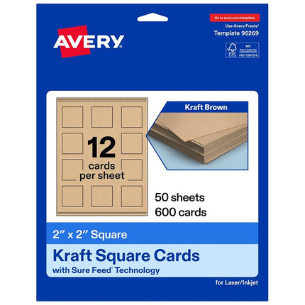 Avery Printable Square Business Cards with Sure Feed Technology, 2" x 2", Kraft Brown Cardstock, Print-to-the-Edge, Laser/Inkjet Cards, 600 Total