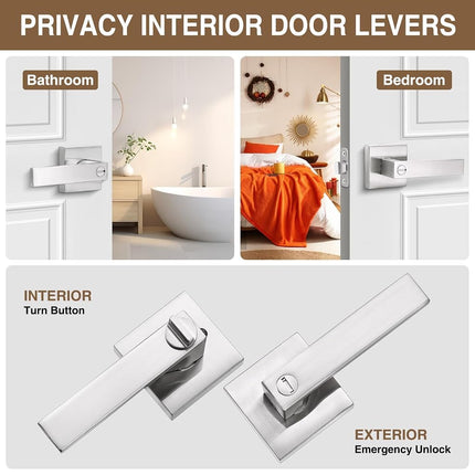6 Pack Square Door Lever Privacy Door Lock Handleset, Keyless Lockset Door Knobs Interior Door Knobs Storage Room Bathroom Set Reversible Keyless Flat Levers in Satin Nickel