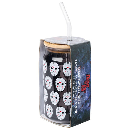 Silver Buffalo Friday the 13th Jason Mask Pattern Black 16oz Glass Tumbler w Bamboo Lid and Glass Straw