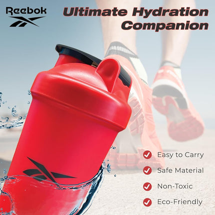 Vaso mezclador Reebok - 500ml, rojo, plástico, sin BPA - Coctelera de proteínas, para gimnasio, correr, senderismo - Apto para lavavajillas