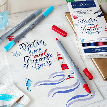 Faber-Castell Goldfaber Aqua 164519 Dual Marker, Sea, with Brush Tip and Fineliner Tip, Pack of 6