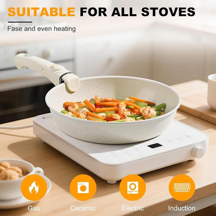 Cookware Set, Pots and Pans Set Non Stick, 12 Pcs Cookware Set for Cooking, Kitchen Cooking Set Frying Pan Nonstick Sauce Pans with Lid and Detachable Handle, Beige