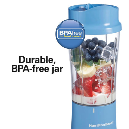 Hamilton Beach Personal Blender for Smoothies & Protein Shakes, Portable Single Serve Blender with Travel Lid, 14 oz BPA-Free Jar, 175W, Compact Countertop Blender, Tranquil Blue, 51172