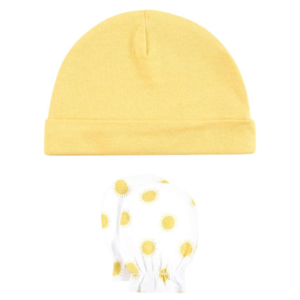 Hudson Baby Unisex Baby Cotton Cap and Scratch Mitten Set, Sunshine and Clouds, 0-6 Months