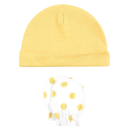 Hudson Baby Unisex Baby Cotton Cap and Scratch Mitten Set, Sunshine and Clouds, 0-6 Months
