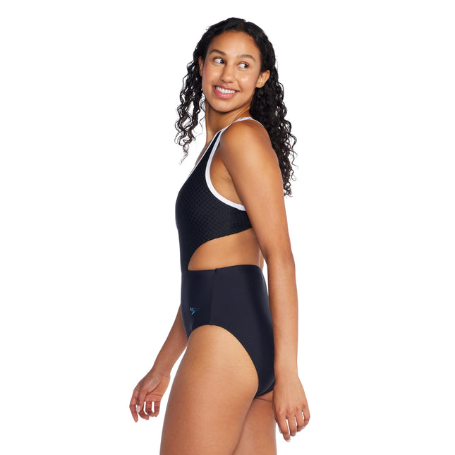 Speedo Women's Swimsuit One Piece Racerback Cut, Jacquard Black, 8