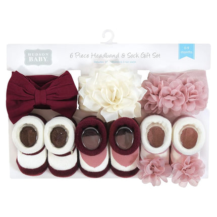 Hudson Baby Girl's Headband and Socks Giftset, Burgundy Blush, One Size