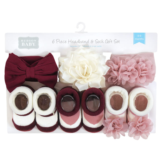 Hudson Baby Girl's Headband and Socks Giftset, Burgundy Blush, One Size