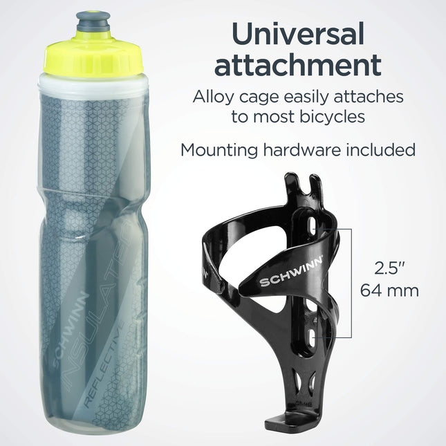 Bouteille d'eau isotherme réfléchissante Schwinn avec support pour vélo, 769 ml, sans BPA, buse à double étape, facile à presser, support facilement montable sur vélo, visibilité nocturne, combo porte-bouteille d'eau pour vélo