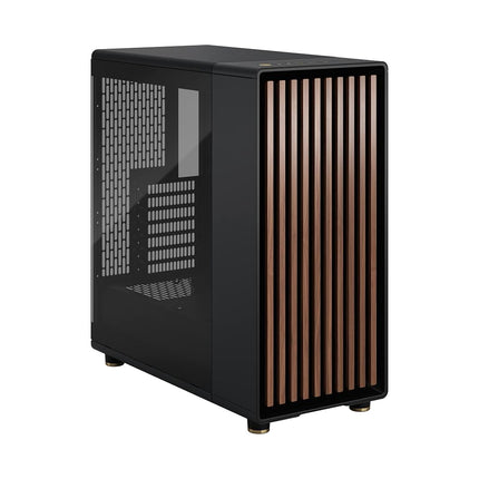 Fractal Design North Charcoal Black Tempered Glass Dark - Wood Walnut front - Glass side panel - Two 140mm Aspect PWM fans included - Type C USB - ATX Airflow Mid Tower PC Gaming Case